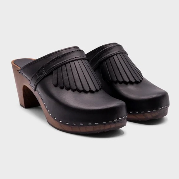 Sandgrens Shoes - NWOB Sandgrens Venice Fringed Heeled Clog Mule Black Leather Scandi 6-6.5